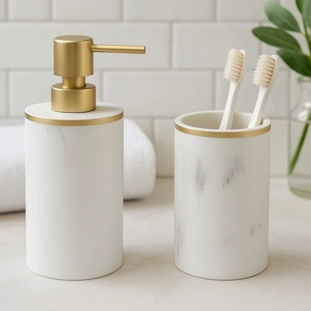 Bathroom Accessory‎ Set Faux Marble Gold Soap Dispenser Toothbrush Holder New
